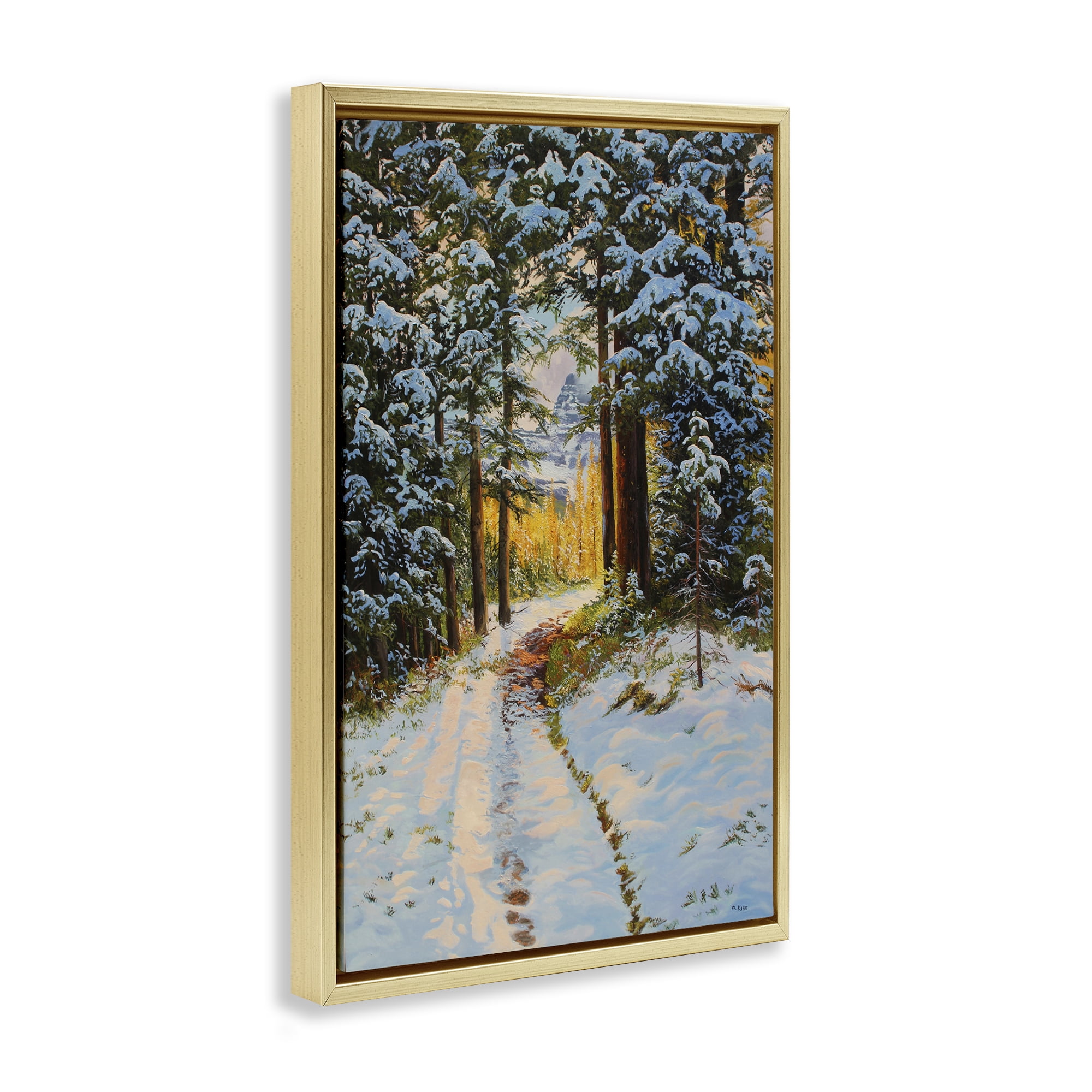 Stupell Industries Snowy Forest Trail Landscape & Nature Painting Gold Floater Framed Canvas Art Print Wall Art, 21 x 31