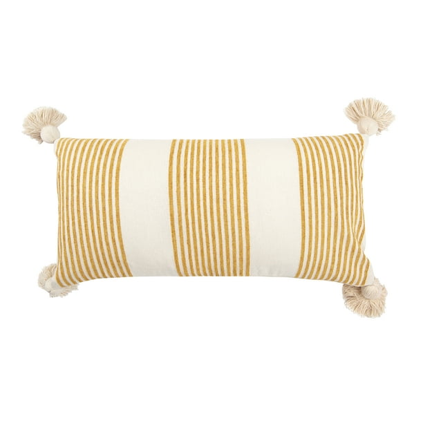 Cream Cotton & Chenille Pillow with Vertical Mustard Stripes, Tassels