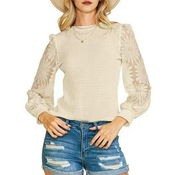 Womens Casual Mesh Lace Long Sleeve Shirts Waffle Knit Blouse Crewneck Shirt Fall Womens Tops Pullover Milky M