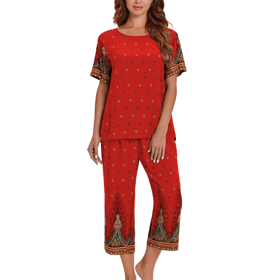 Oudiya Women 2 Piece Mumu Lounge Set Short Sleeve Shirt and Capri Pants with Pockets Pajama Set, S-2XL