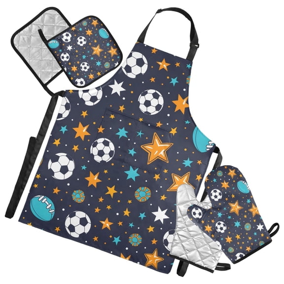 Footballs Star Rugby 5 Pcs Kitchen Set Heat Resistant Oven Mitts and Non-Slip Pot Holders with Adjustable Cooking Apron