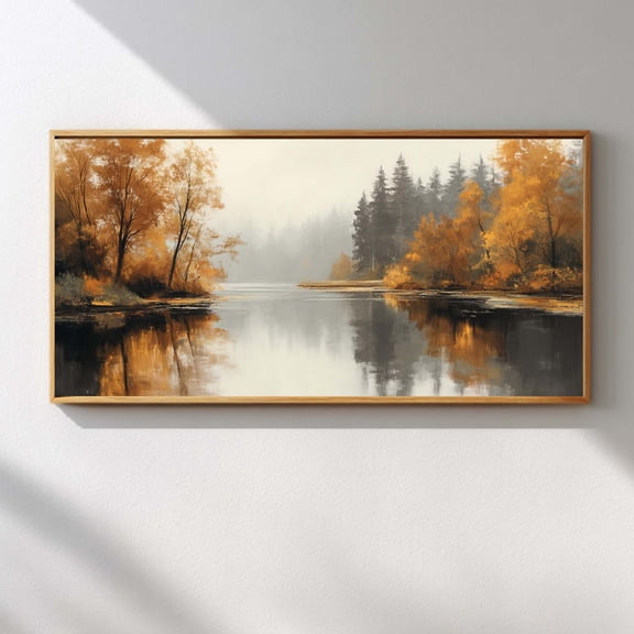 Abstract Autumn Lake Landscape Modern Canvas Paintin Wall Art for Living Room Bedroom Decoration, Poster Print, Frameless