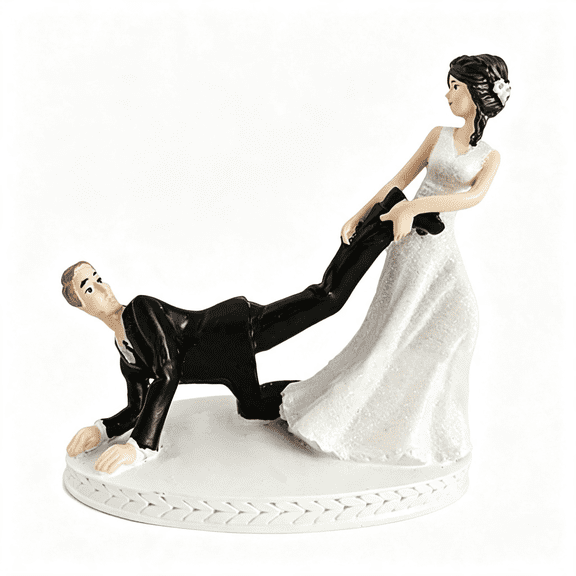 LQSEO 4.2X3.9" Bride Dragging Groom Cake Topper,Wedding Figurine,Funny Couple Res" Gifts for Wedding Party,Engagement Decor,Hilarious Funny Wedding Cake Toppers