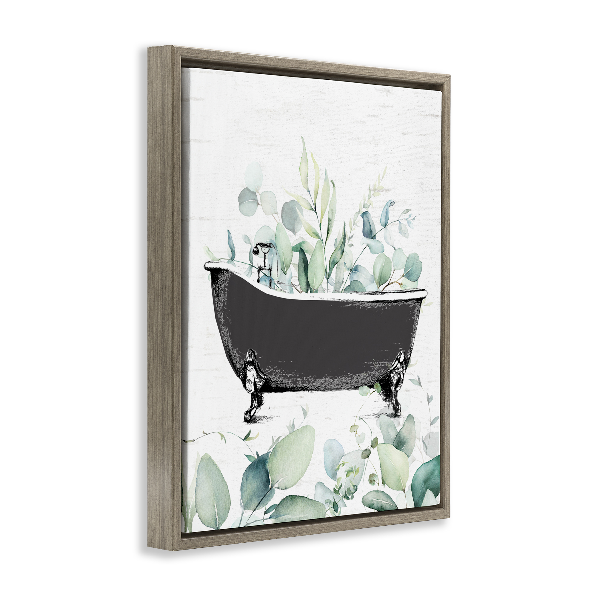 Eucalyptus Leaves Bathtub Brown Framed Floater Canvas Wall Art, design by Lettered and Lined