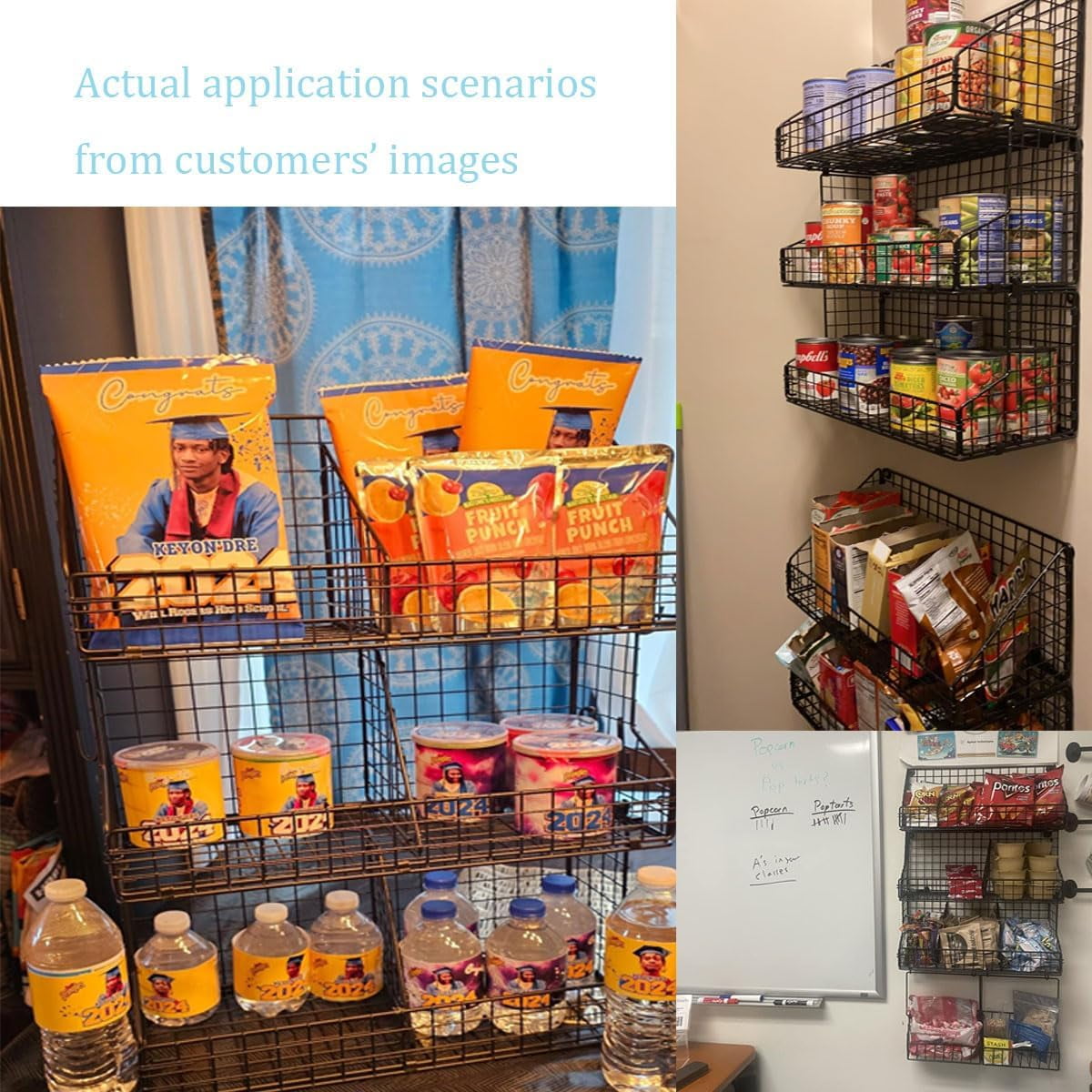 3 Tier Stackable Snack Organizer with Dividers - Wall Mounted Wire Storage Basket for Pantry Office Home