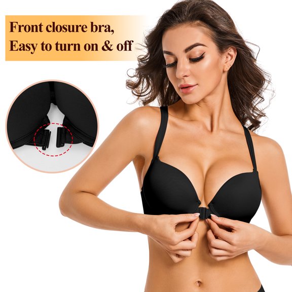 YANDW Front Closure Push-up Bra Strappy Thick Padded Cross Back Add 2 Cup Plunge Underwire Bras 30B, Black