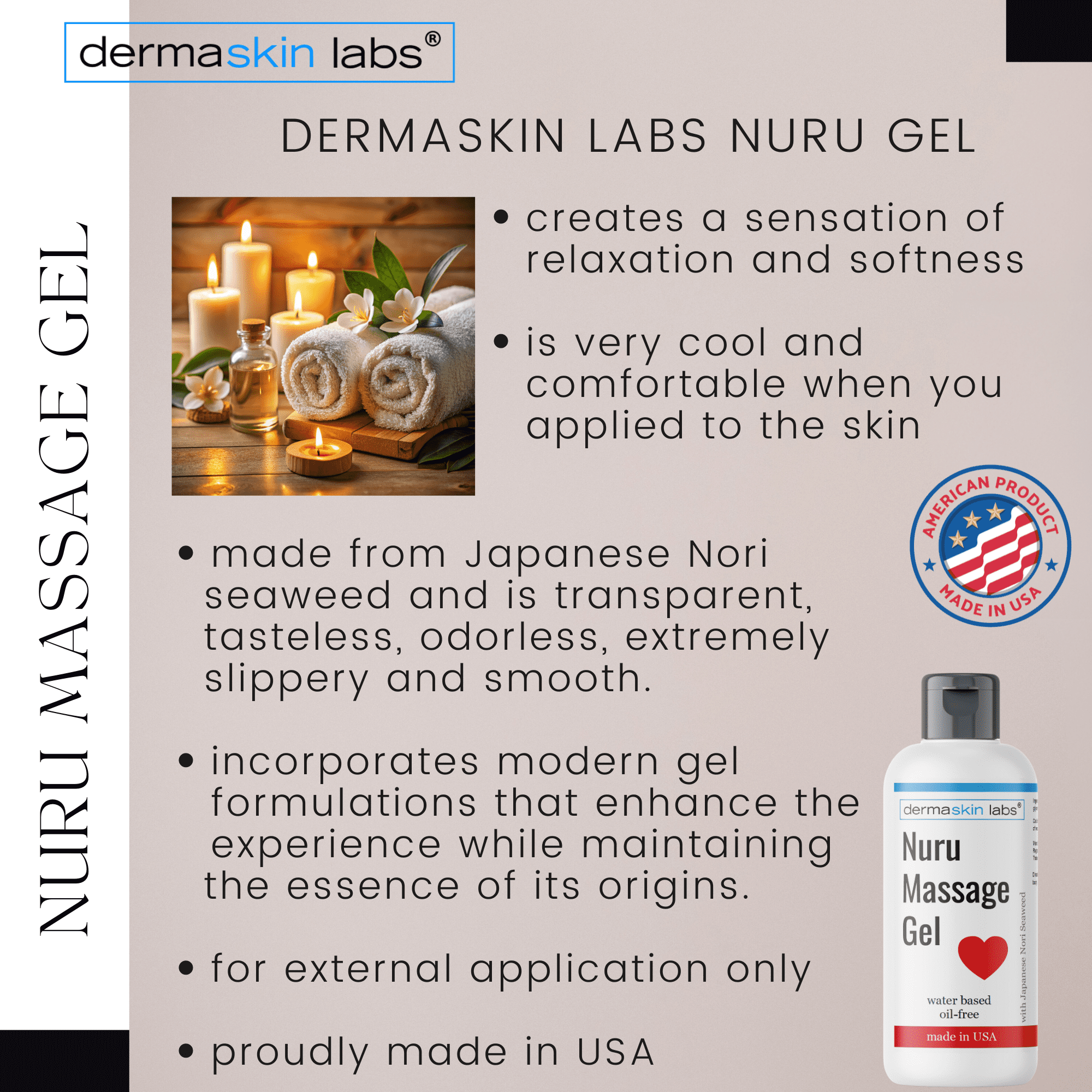 Nuru Massage Gel All Natural Water Based Non-Staining Non-Oily Super Slippery for Sore Muscles, Dry Skin with Japanese Nori Seaweed Body on Body Massage Gel Made in USA