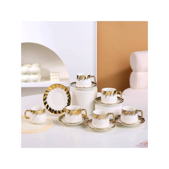 3.38oz/100ml Ceramic Turkish Coffee Cup Set Of 6, British Italian Cappuccino Cups Porcelain Espresso Cups And Saucers For Double Espresso Cappuccino Latte Mocha Tea