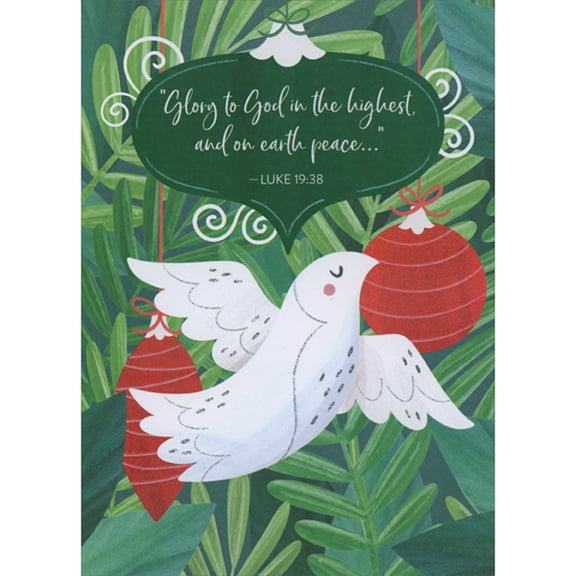 Designer Greetings Glory to God in the Highest: Dove, Red Ornaments and Green Plants Religious Christmas Card