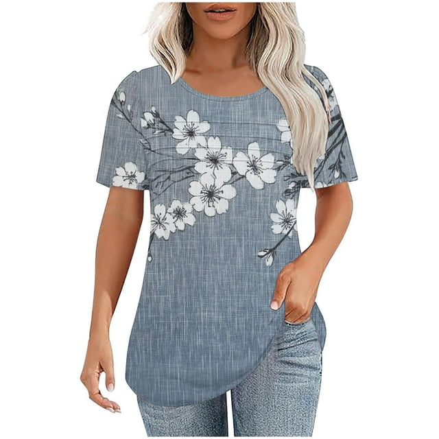Staron Hauts pour Femmes Liquidation d'Été à Moins de 5$ T-shirt Décontracté Tendance Col Rond Manches Courtes Tunique Plissée Mode Ample Basique d'Été