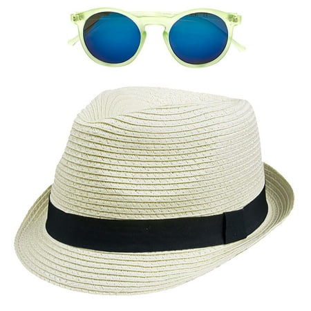 POP Fashionwear  Unisex Straw Fedora Vintage Sun Visor Hat with Free Sunglasses White