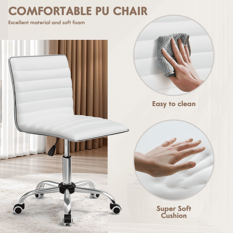 Lacoo Task Chair Desk Chair Mid Back Armless Vanity Chair Swivel Office Rolling Leather Computer Chairs Ribbed Adjustable Conference Chair (White)