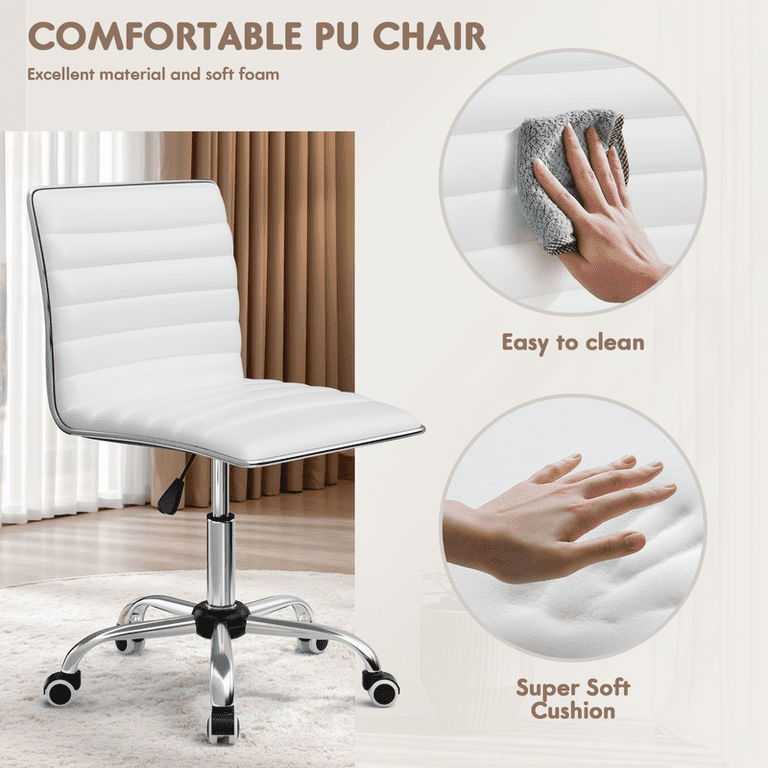 Lacoo Mid-Back Armless Task Chair, White Faux Leather photo 3