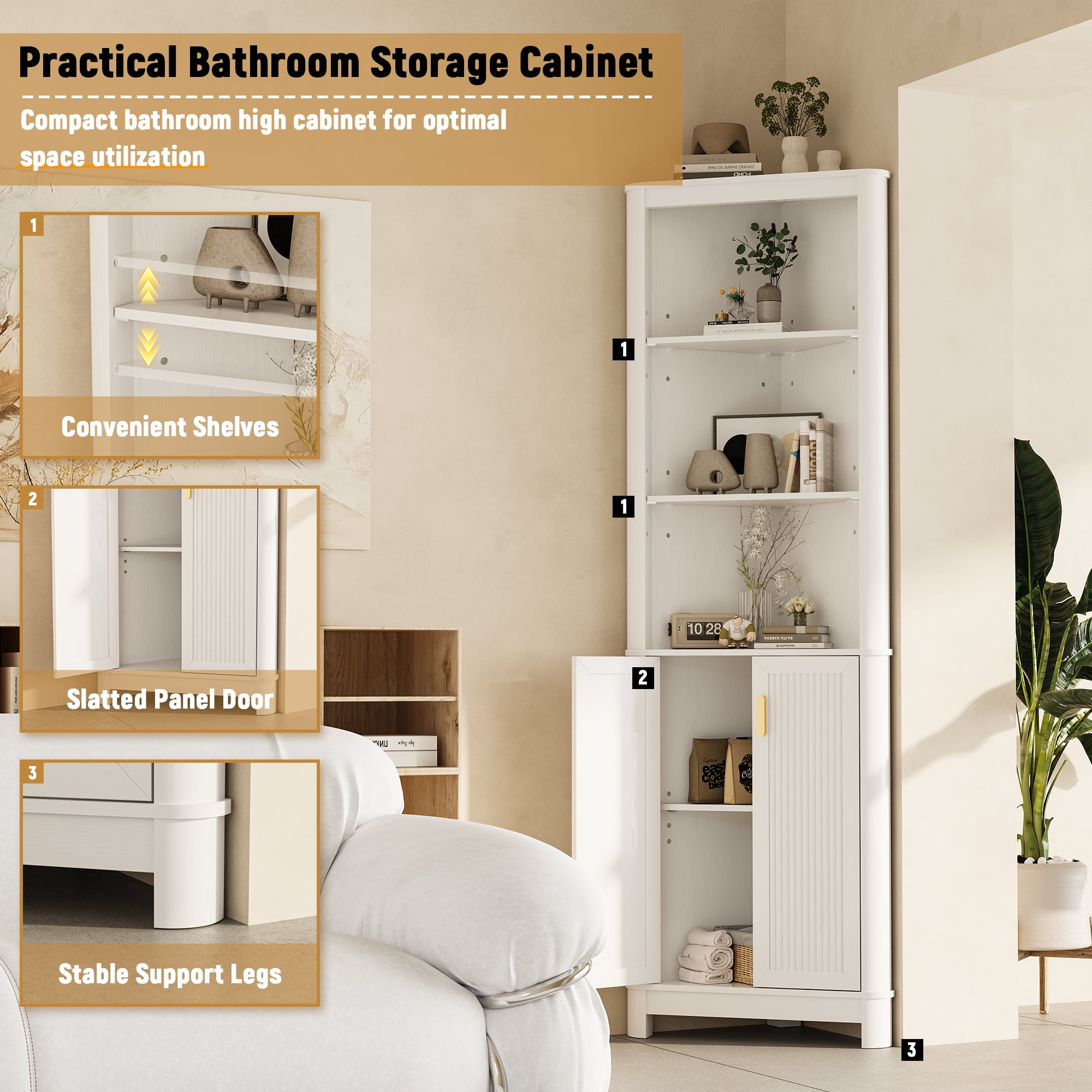 68" Tall Fluted Corner Cabinet for Bathroom, Modern Living Room & Kitchen - 5 Adjustable Shelves, Space-Saving Storage, Curved Profile Design White