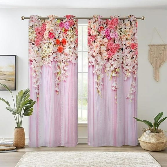 Pink Floral Window Curtains Weeping Flower Blackout Curtains For Living Room Darkening Curtains & Drapes Light Blocking Pretty Thermal Insulated Nursery Curtains 42"W x 84"L (Pack of 2)