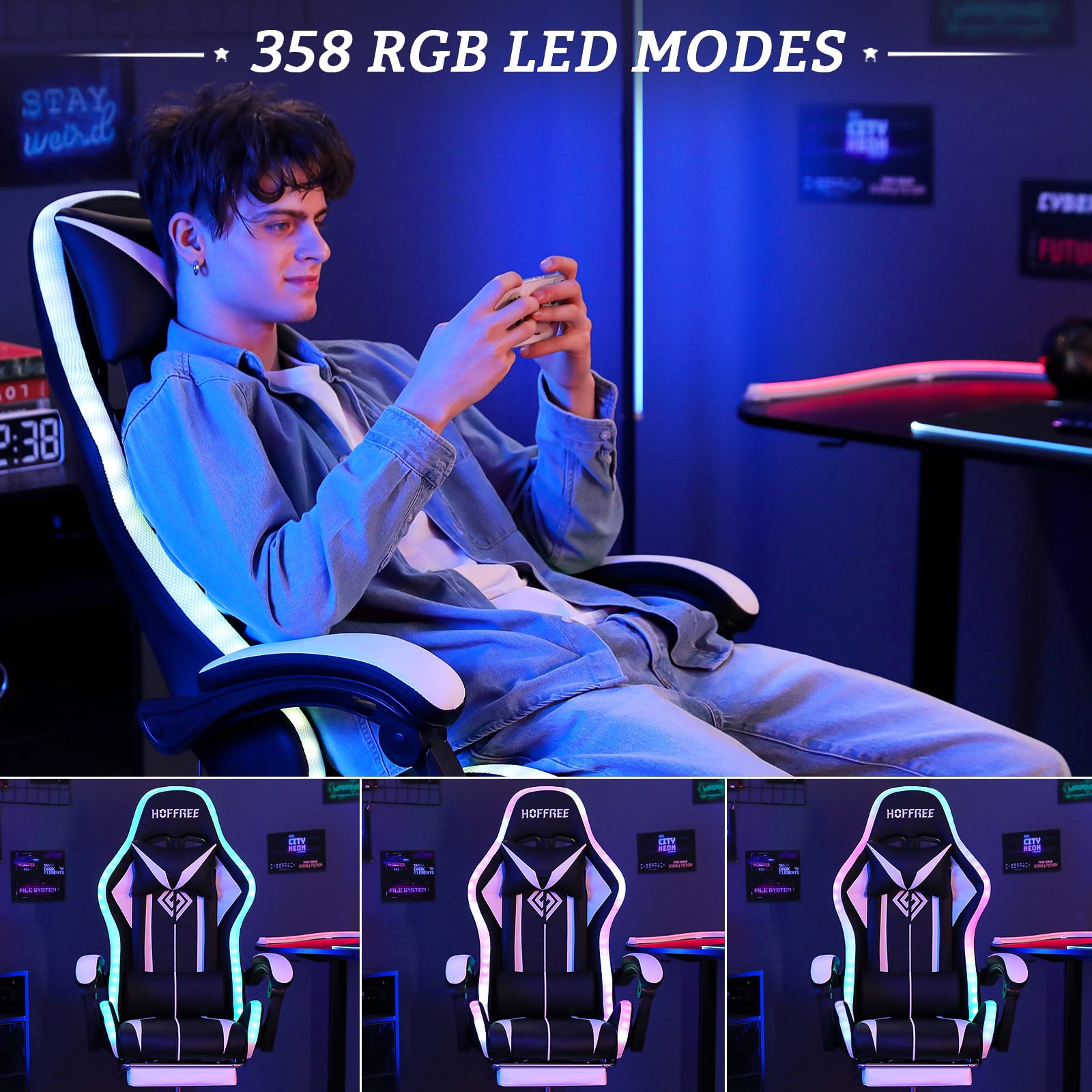 Hoffree Gaming Chair with Bluetooth Speakers and Footrest Massage Office Chair with LED Lights Ergonomic Game Chair High Back with Lumbar Support and Headrest Adjustable Swivel for Adults 300lb