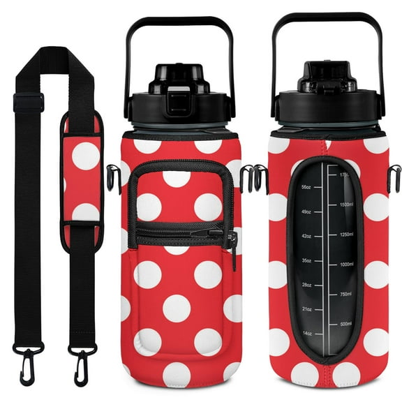 Red & White Round Dot 64 Oz Water Bottle with Measurements - BPA Free Leakproof Sport Large Plastic Water Bottle with Straw&Time Marker & Insulated Neoprene Holder Carrier Bag Gift for Women Men