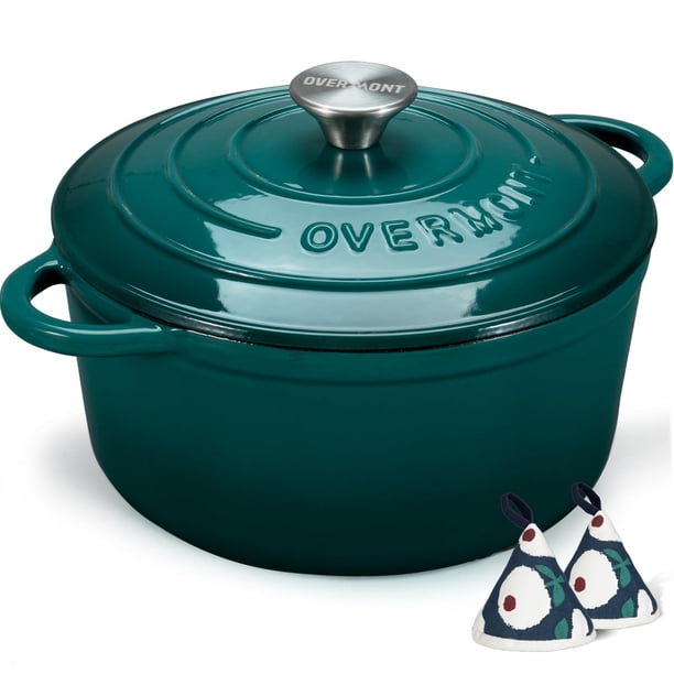 Horno holandés de hierro fundido esmaltado Overmont - Olla de 7 cuartos con tapa, libro de cocina y agarraderas de algodón - Utensilios de cocina resistentes para estofar, guisar, asar y hornear pan (