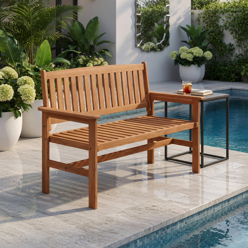 Hommoo 2-Person Solid Wood Patio Loveseat with Slatted Backrest, Ergonomic Curved Seat & Supportive Armrests for Porch, Backyard & Outdoor Living, Natural
