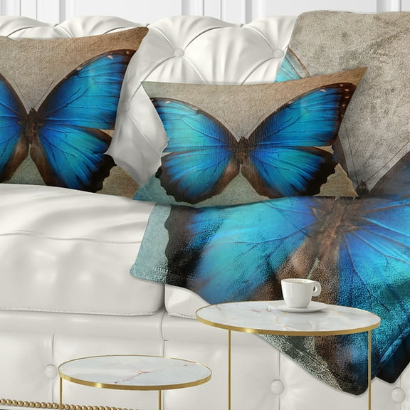 Designart Blue Vintage Butterfly - Floral Throw Pillow - 12x20