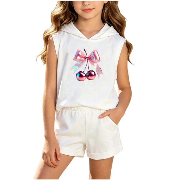 Girls Cotton 2pc Outfits Summer Printed Sleeveless T-Shirts Hoodies Comfy Shorts Casual Sets with Pockets White 2-3 Years