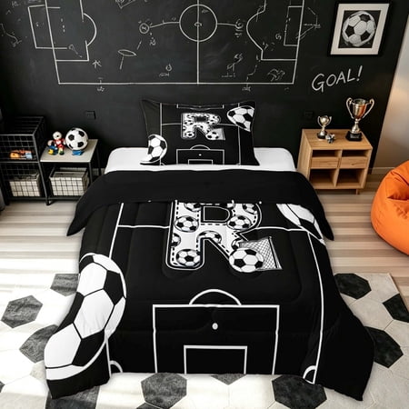 Feelyou Cartoon Soccer Player Twin Comforter Sets for Kids Black White Letter R Print Bedding Set Black Reversible 2pcs 1 Comforter and 1 Pillowcase