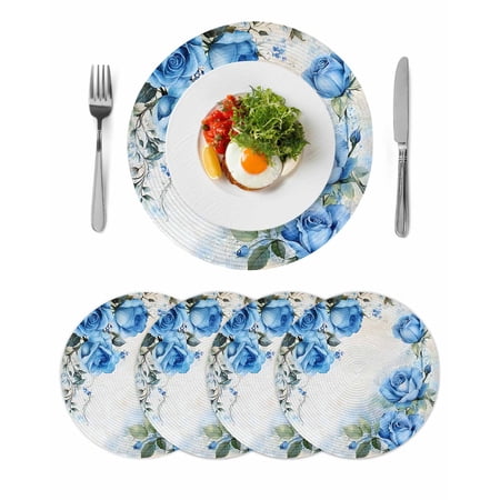 Blue Flower Spring Round 13 Inch Placemats Set of 4 Rose Leaves Garden Pastoral Retro HeatResistant Non Slip Place Mats for Dining Table Wipeable Braided Kitchen Table Mats for Housewarming