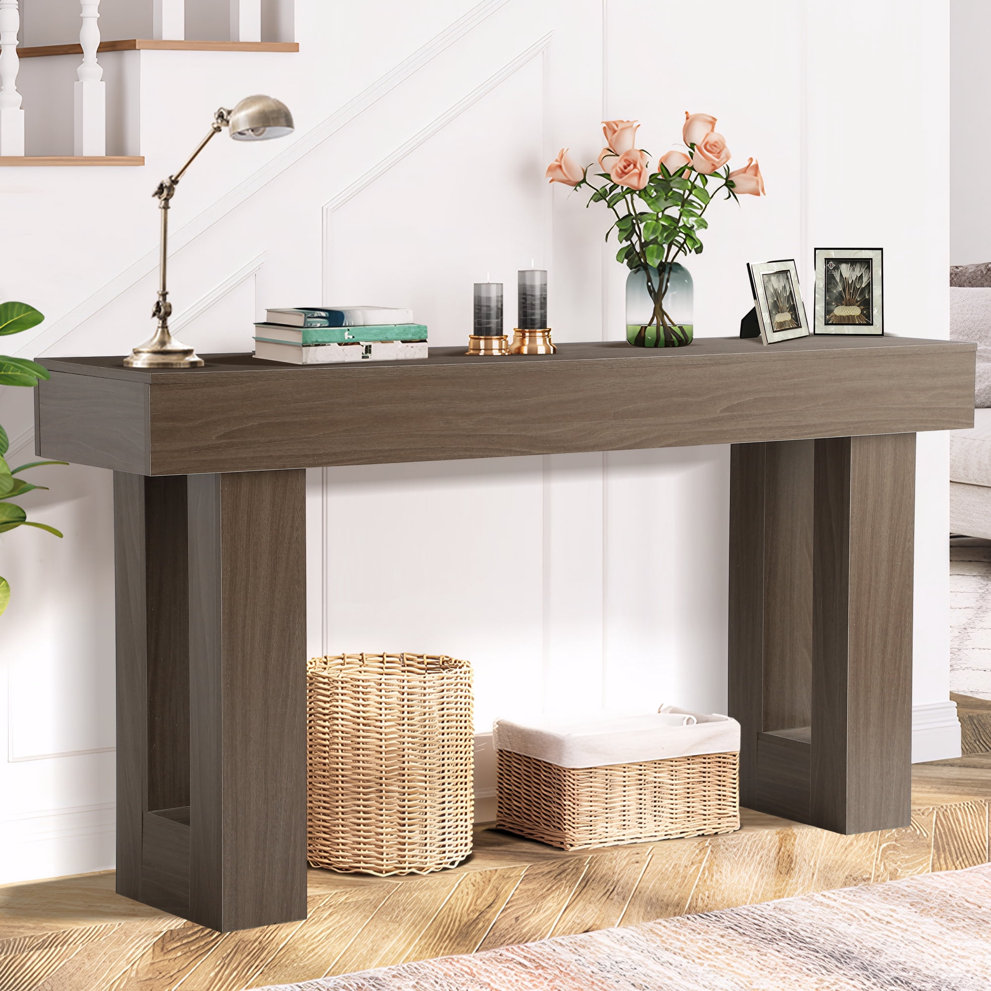 Magic Union 63" Long Console Table for Entryway, Wood Rectangular Sofa Table Behind Couch with 2-tier Open Storage and Weighted Base, Foyer Accent Tables for Entryway, Hallway, Living Room