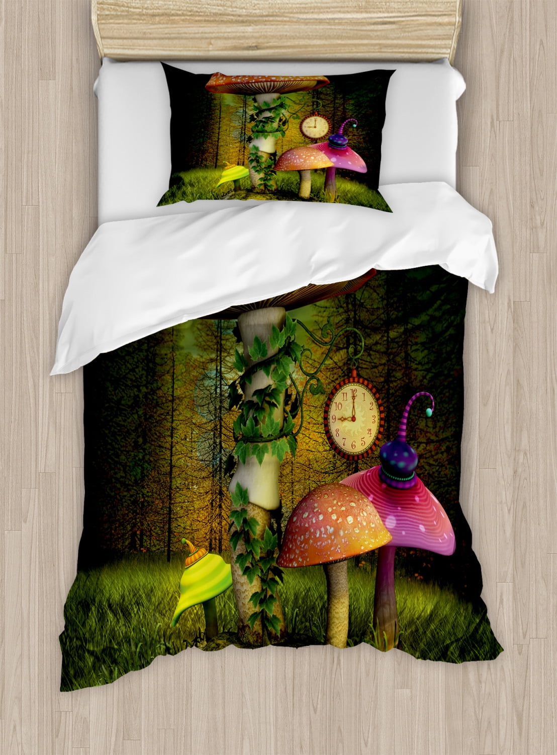 Fantasy Duvet Cover Set, Fiction Forest with Giant Mushrooms and Elves Magical Fairytale
