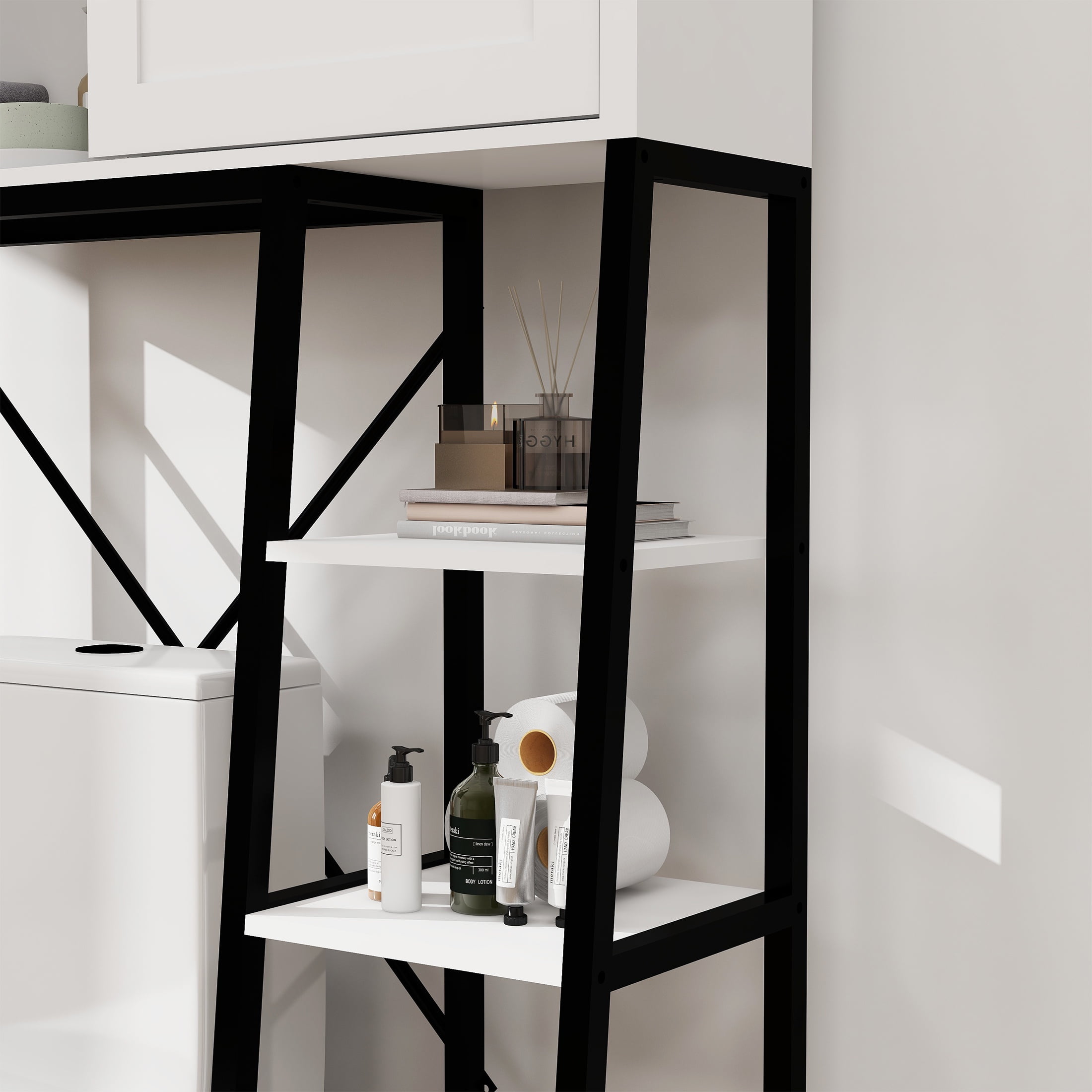 PAPROOS Over the Toilet Storage Cabinet, Bathroom Space Saver Organizer above Toilet with Adjustable Shelf and Side Storage Rack, White+Black