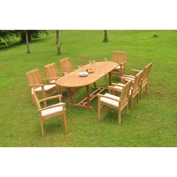 Grade-A Teak Dining Set: 8 Seater 9 Pc: 94" Mas Oval Trestle Leg Table And 8 Wave Stacking Arm Chairs Outdoor Patio WholesaleTeak #WMDSWVw
