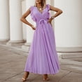 thumbnail image 2 of Summer Saving Wycnly Womens Dresses Wedding Guest Elegant Pleated Swing Tie Ruffle Sleeve Maxi Dresses Solid V-Neck Sleeveless Long Summer Dress Purple l Under $5, 2 of 7