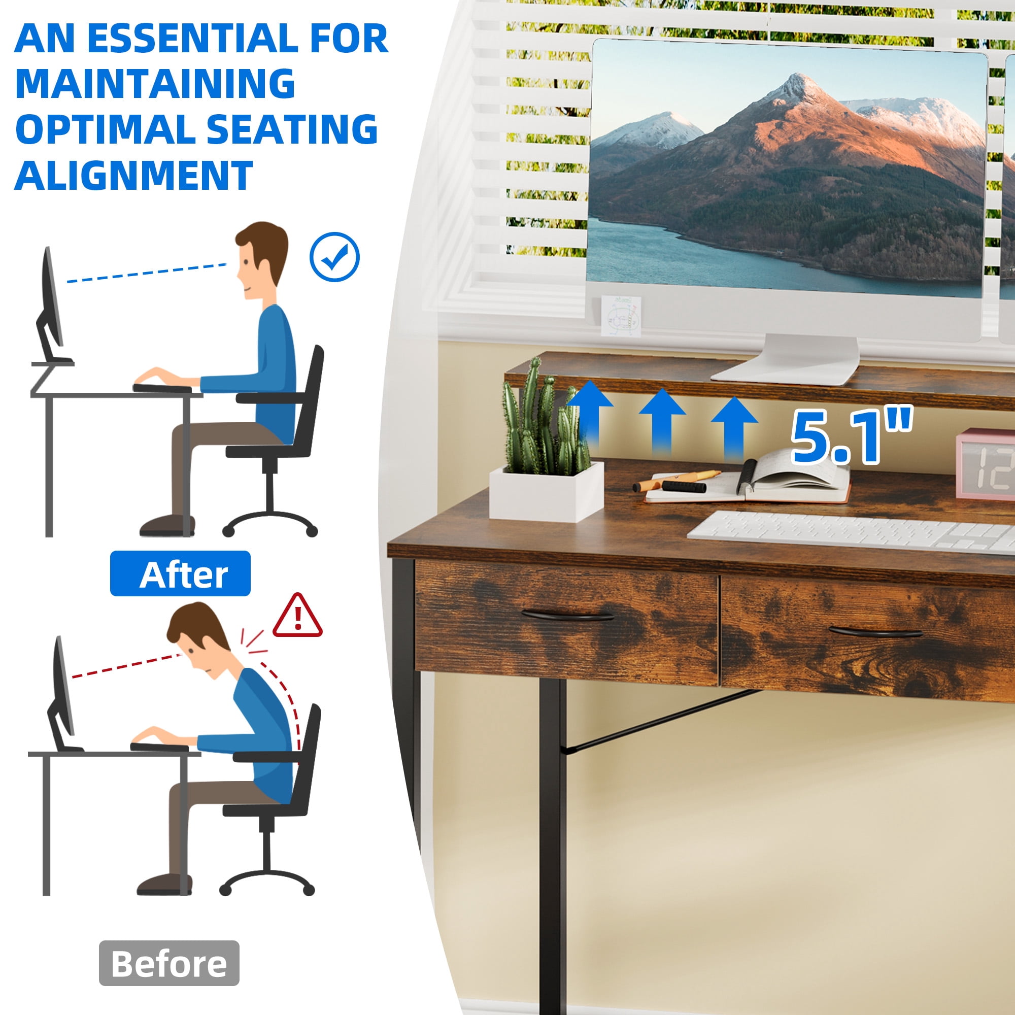 Uforic 40" Computer Desk with Monitor Stand & 3 Drawers, Modern Small Study Desk with Hooks, Home Office Desk Writing Desk for Small Space,Living Bedroom, Gaming, Brown