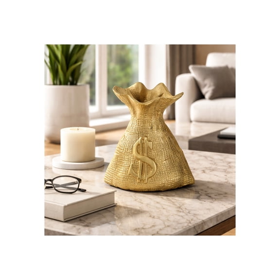 Modern Metal Money Bag Sculpture for Home Decor Accent - Ornaments for Bathroom, Office, and Living Room Styling - Sculptural Figurine for Shelf or Coffee Table Display - 8", Gold & Metallic
