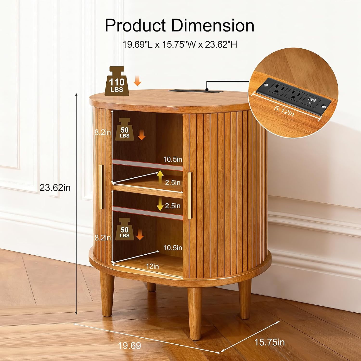 1-Piece Nightstand Set with Charging Station Mid-Century Modern, Yellow Fluted Side Tables with Sliding Door & Adjustable Shelf, Space-Saving End Table for Bedroom, Living Room
