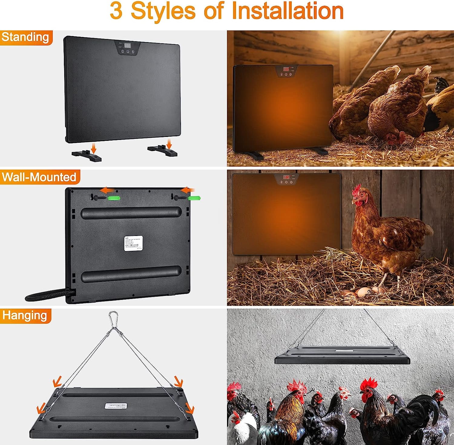 Winpull Chicken Coop Heater, Portable Radiant Chicken Heater, 5 Timing and  3 Temperature Levels, 100/200W Coop Heater with Thermostat Energy Efficient