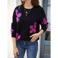 thumbnail image 4 of Floral Sweaters for Women Contrast Color Striped Crew Neck Long Sleeve Loose Knit Pullover Tops Black M, 4 of 10