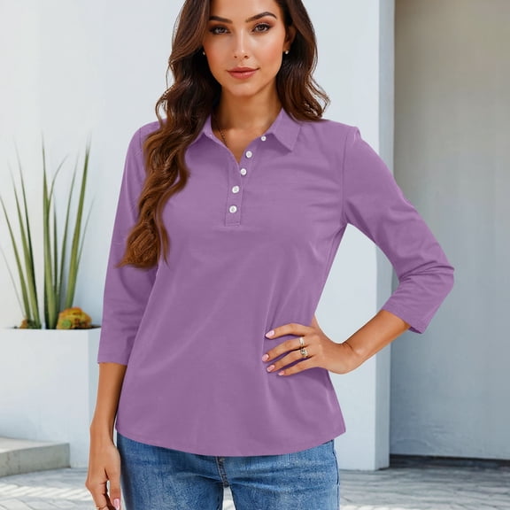 Dwellite Polo Shirts for Women 3/4 Sleeve Tops Golf Tees 5-Button Collared V Neck Shirt Business Casual Light Purple L