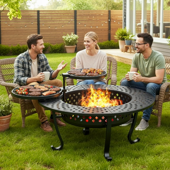 CozyHome 43'' Fire Pit with 2 Grills, Lid, and Fire Poker, Outdoor Wood Burning Fireplace, BBQs, Bonfire & Round Metal Table 3 in 1 for Patio, Picnic, Party, Black