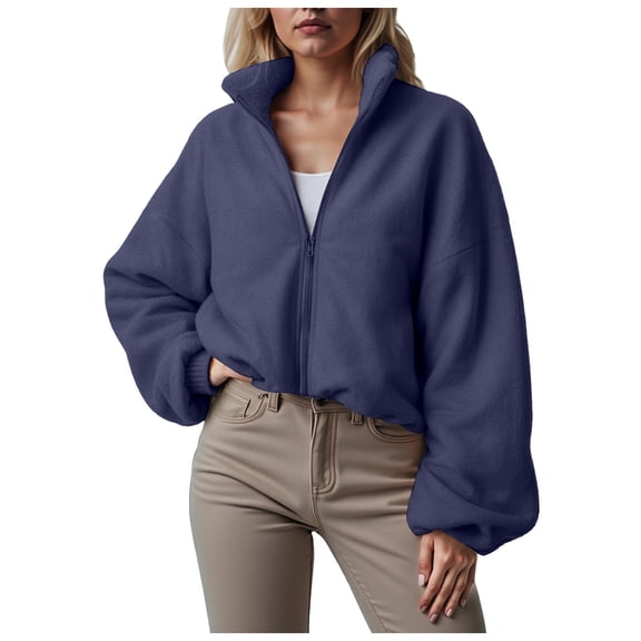 larppty Womens Fleece Jackets Zip Up Oversized Sweatshirts Winter Clothes Long Sleeve Crop Sherpa Fall Outfits Fashion (Navy, XXL)