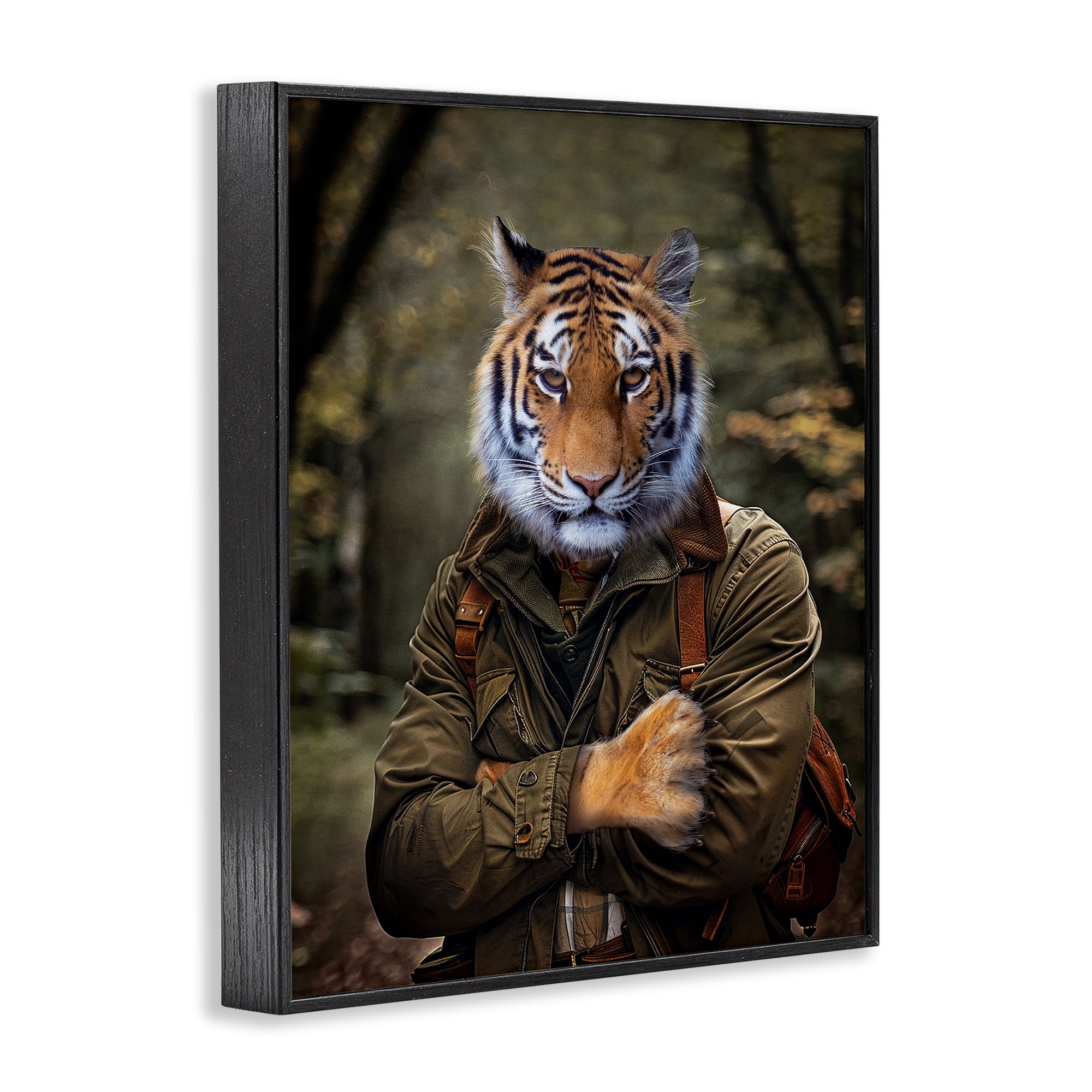 Stupell Industries Tiger in Hiking Attire Animals & Insects Painting Black Framed Art Print Wall Art, 11 x 14