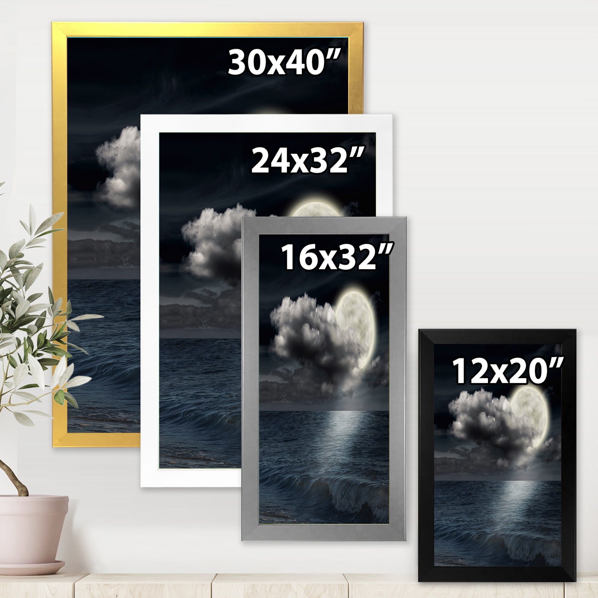 Designart 'Full Moon Night in Cloudy Sky VI' Nautical & Coastal Framed Art Print