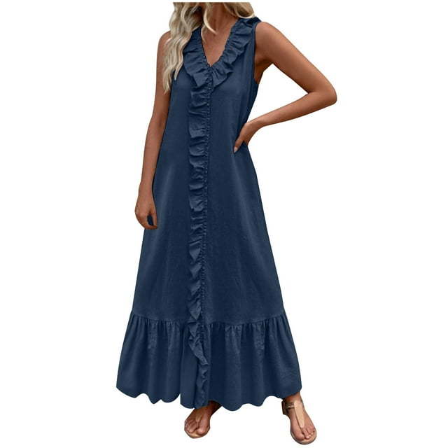 Tumotour Robes d'Été pour Femmes Robe Maxi en Lin Fluide Ligne A Col en V Sans Manches Robe d'Été à Volants Boho pour Plage Décontractée Sortie Fête Rendez-Vous