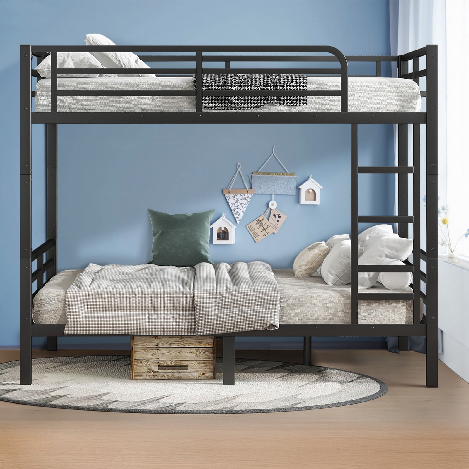 Miniyam Full over Full Metal Bunk Bed Frame with Dual Guardrails and Ladders, Heavy-Duty Quiet Design, Black