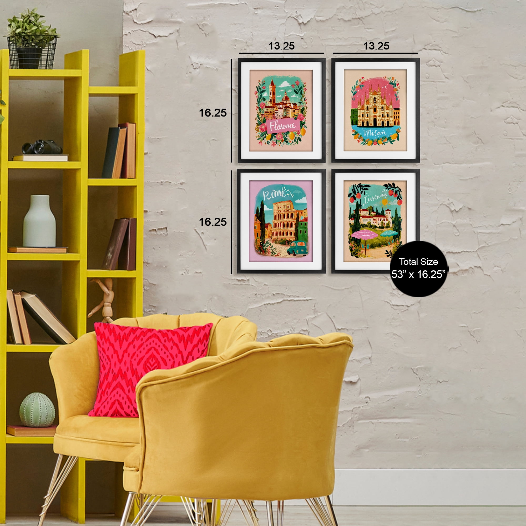 Italy Travel Locations with Florals 4 Piece Black Framed Print Under Glass Set, design by Yen
