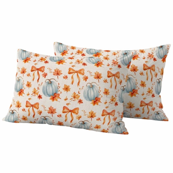 Fall Thanksgiving Outdoor Waterproof Pillow Covers, Blue Pumpkin Orange Maple Leaf Bowknot Decorative Rectangle Throw Pillowcase Sofa Cushion Sham for Patio/Couch/Chair, 20"x12" 2 Pack