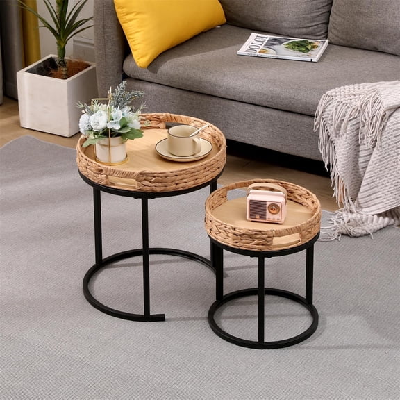 Set of 2 Nesting Side Tables, Wood and Metal End Tables with Rattan Detail, Tray Top with Raised Edge, Space Saving Accent Tables for Living Room Bedroom