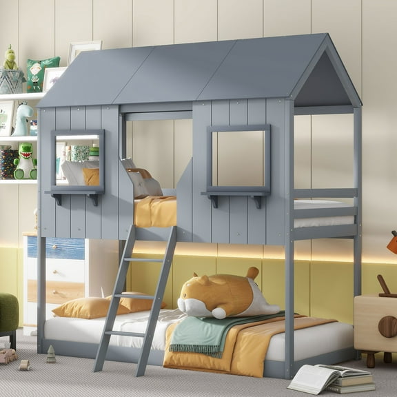 CoSoTower Twin Over Twin Bunk Bed Wood Bed with Roof, Window, Guardrail, Ladder, Gray