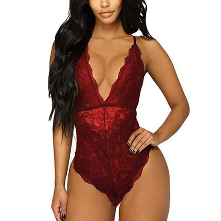 

Women Deep V Sexy Lace Bodysuit Crotch Lingerie Teddy Underwear