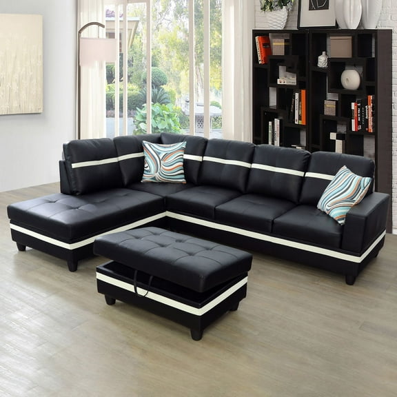 Wzlam Faux Leather 3 Piece Sofa Set with Storage Ottoman, L Shaped Sectional Couch Living Room Sofa for Bedrooms, Apartments and Offices, Black